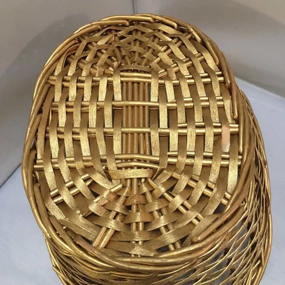 Woven Wicker Basket Home Decor OS Gold Metallic Oval Handled Storage Holiday